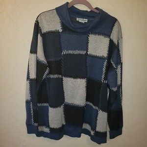 Eccotoo Women's Blue Patchwork Look Sz 1X Sweater Cowl Neck